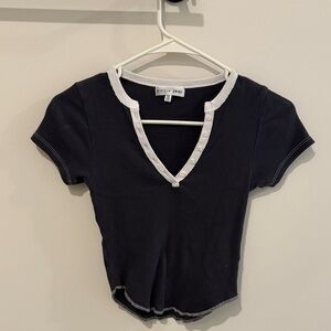 Tilly's Navy Blue Ribbed Short Sleeve Henley with White Trim